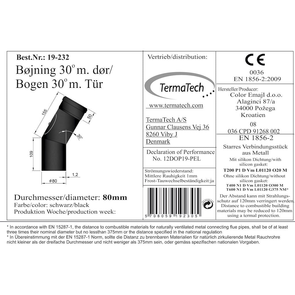 Bøjning 30° Ø80mm m. Dør