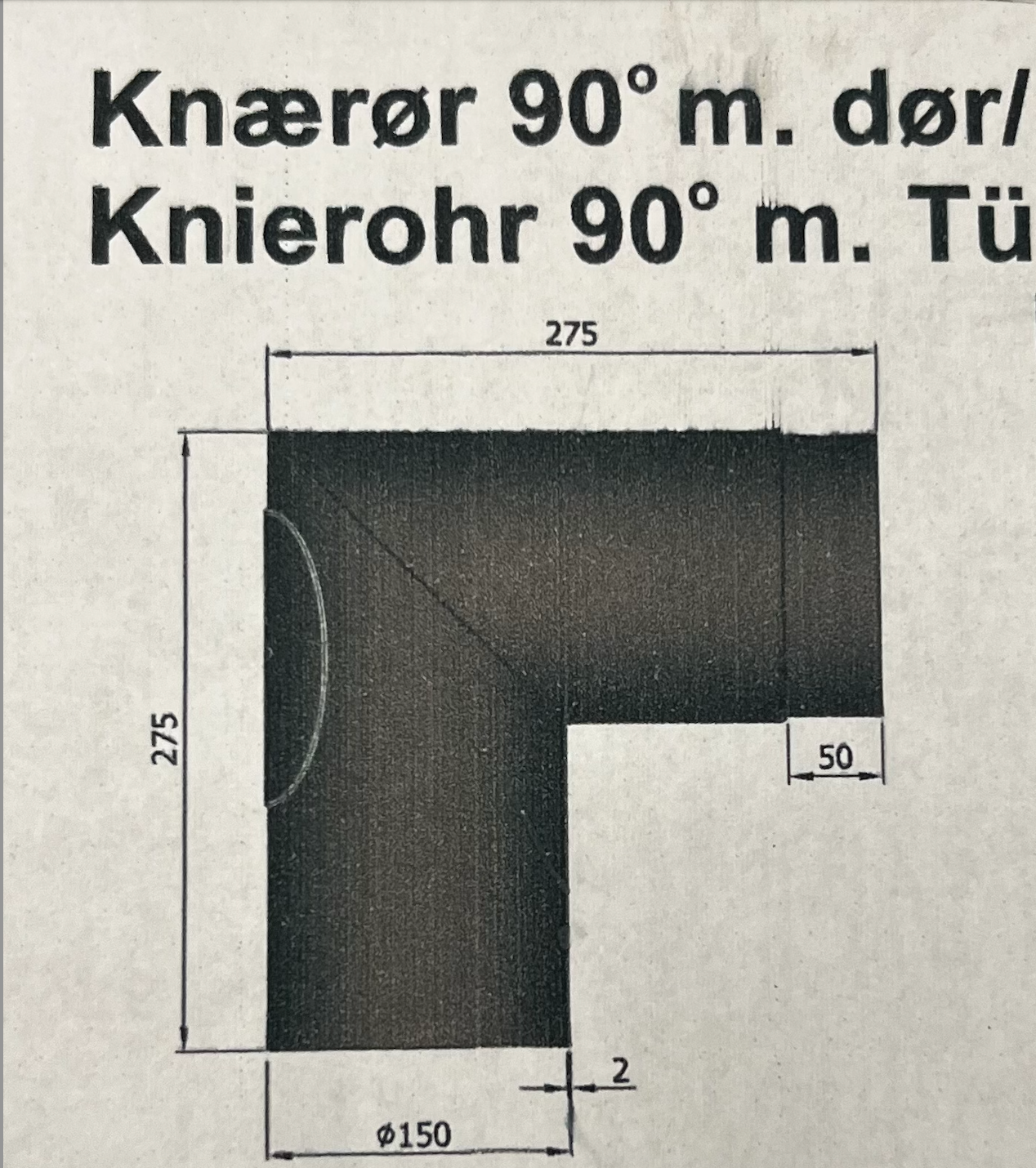 En bøjning med renselem/dør 90 grader knærør. Ø150mm