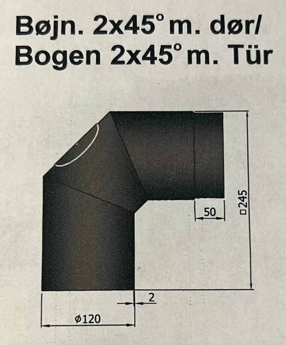 Bøjning m/renselem 2×45° Ø120 mm.