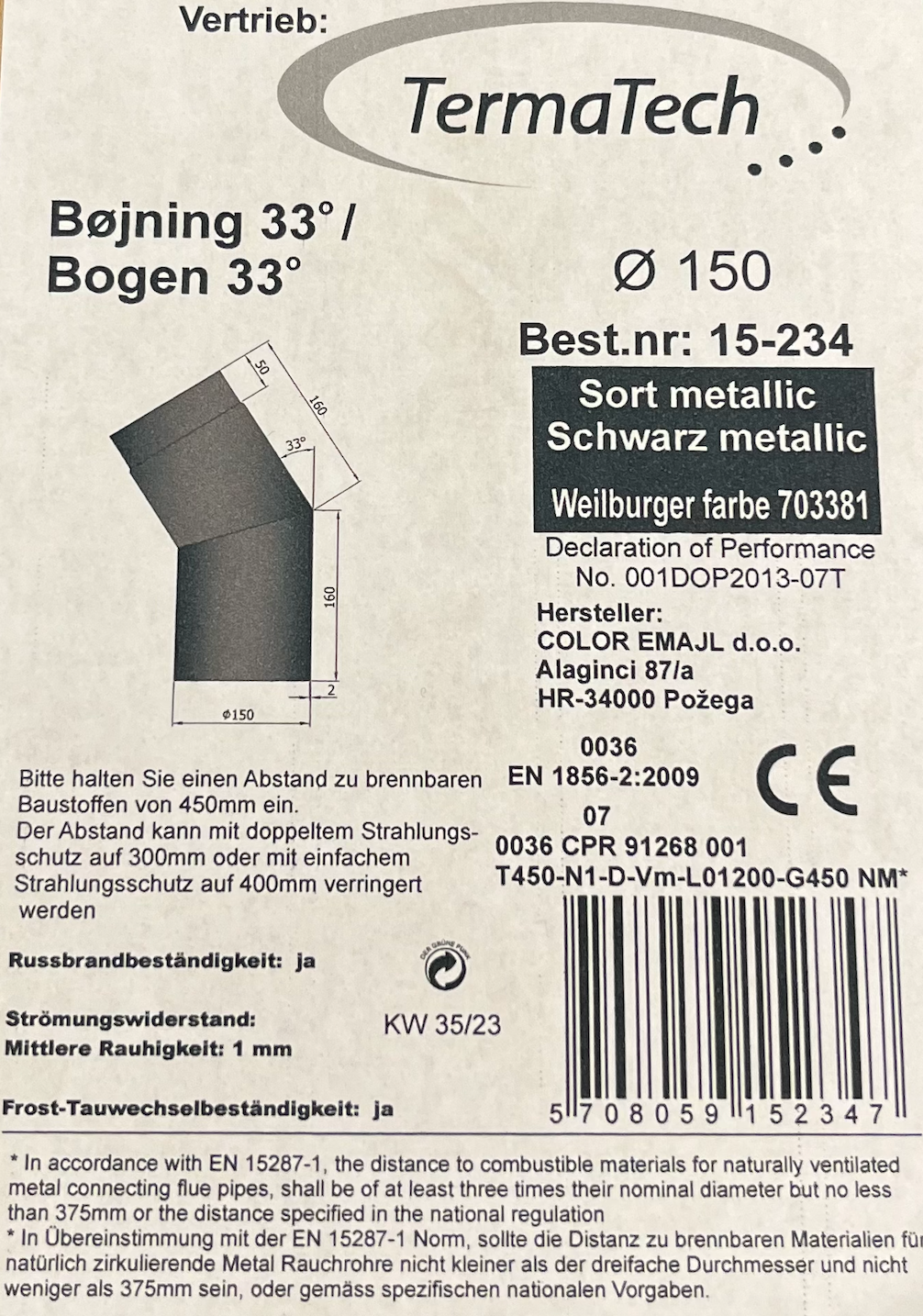 En røgrørsbøjning med diameter Ø150mm og en bøjning på 33 grader.