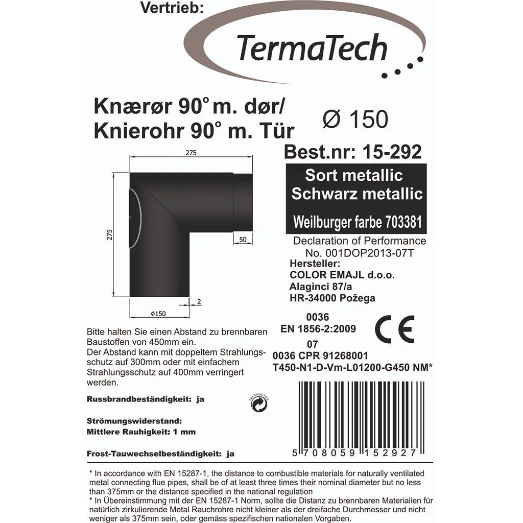 Bøjning m. Renselem/Dør Knærør 90° Ø150mm